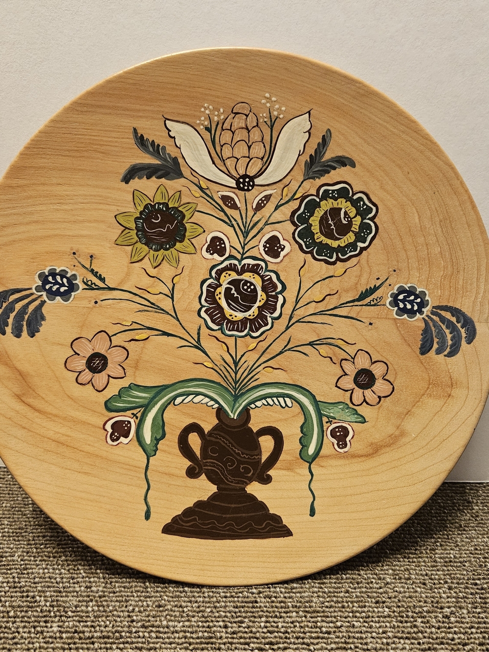 Hand-Painted Floral Wooden Wall Art - Natural with Green Accents